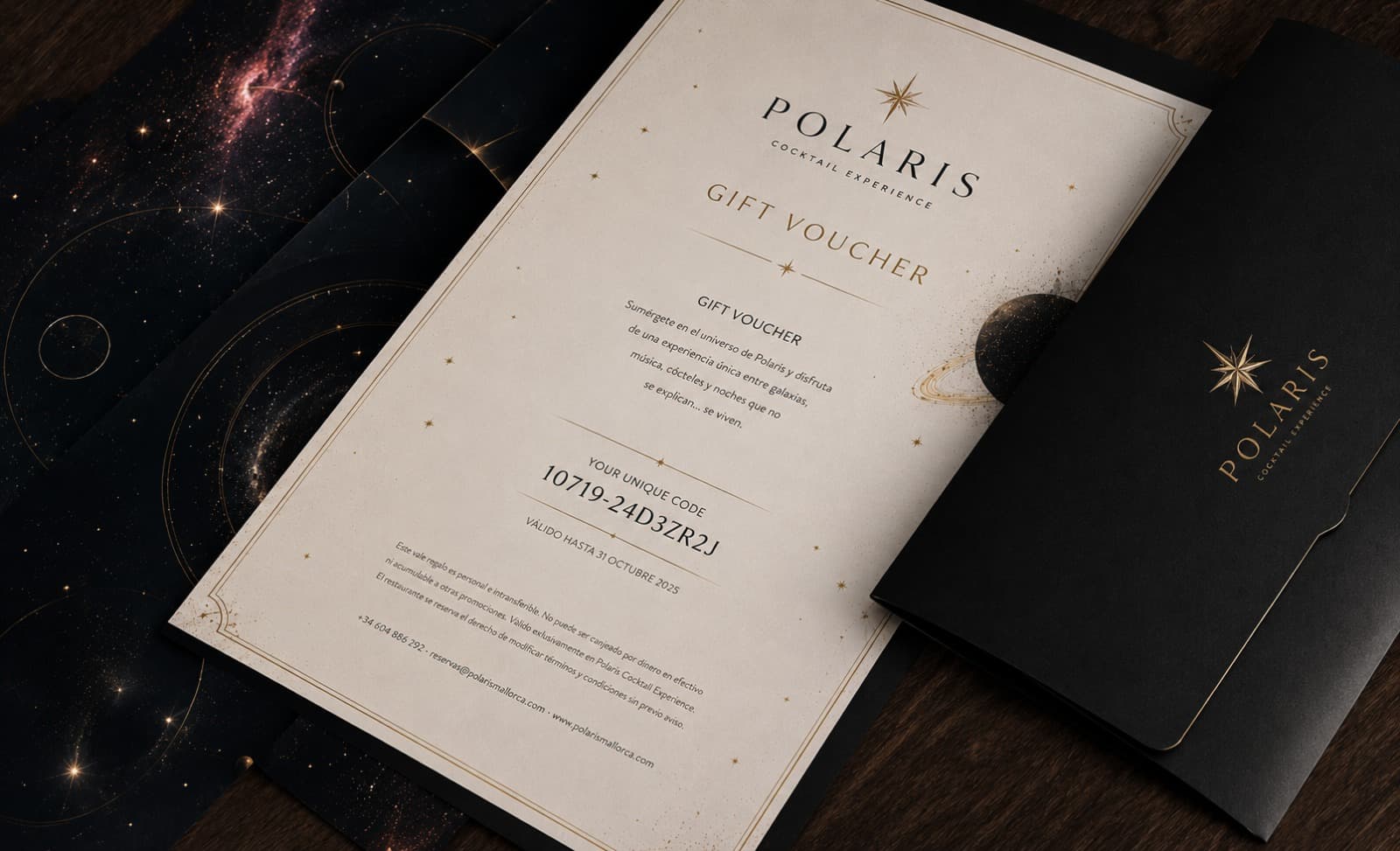 Gift Voucher de Polaris Mallorca, tarjeta y funda de regalo